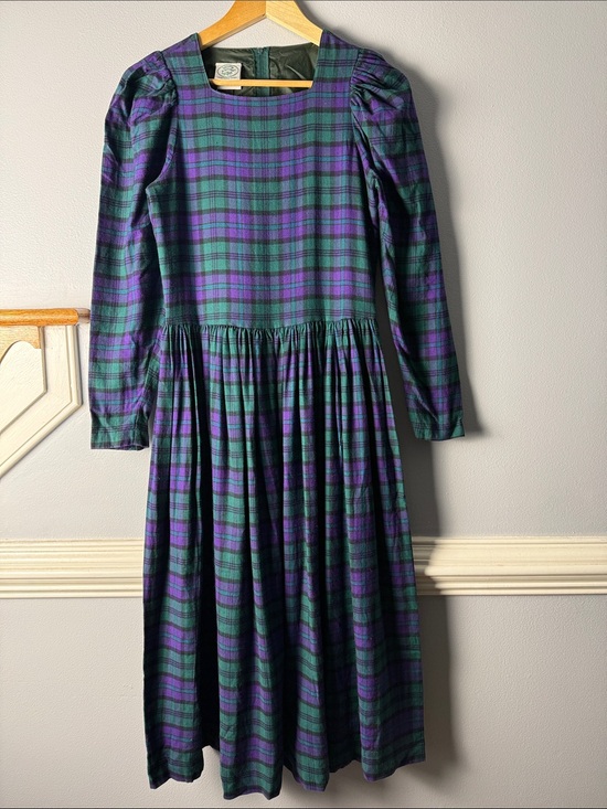 Laura Ashley Dresses & Skirts - Vintage Laura Ashley Green & Purple Plaid Long-Sleeve Maxi Dress. Early 80s